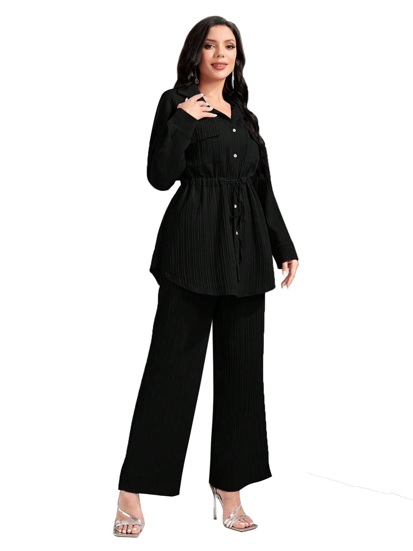 

TADKEE Womens Co-Ord Set with Long Sleeve Top & Pant, Solid Color Casual Outfit with Pockets, Black, XXL 2XL чорний
