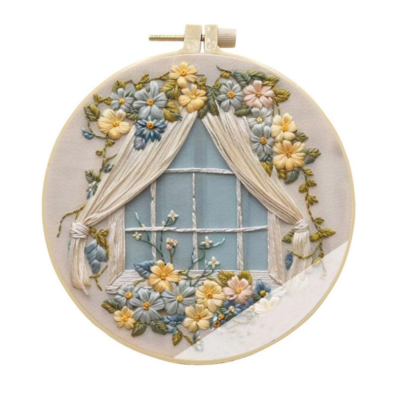 1pc House, Bicycle, and Flower Pattern Embroidery DIY Fabric Craft Kit with Tools