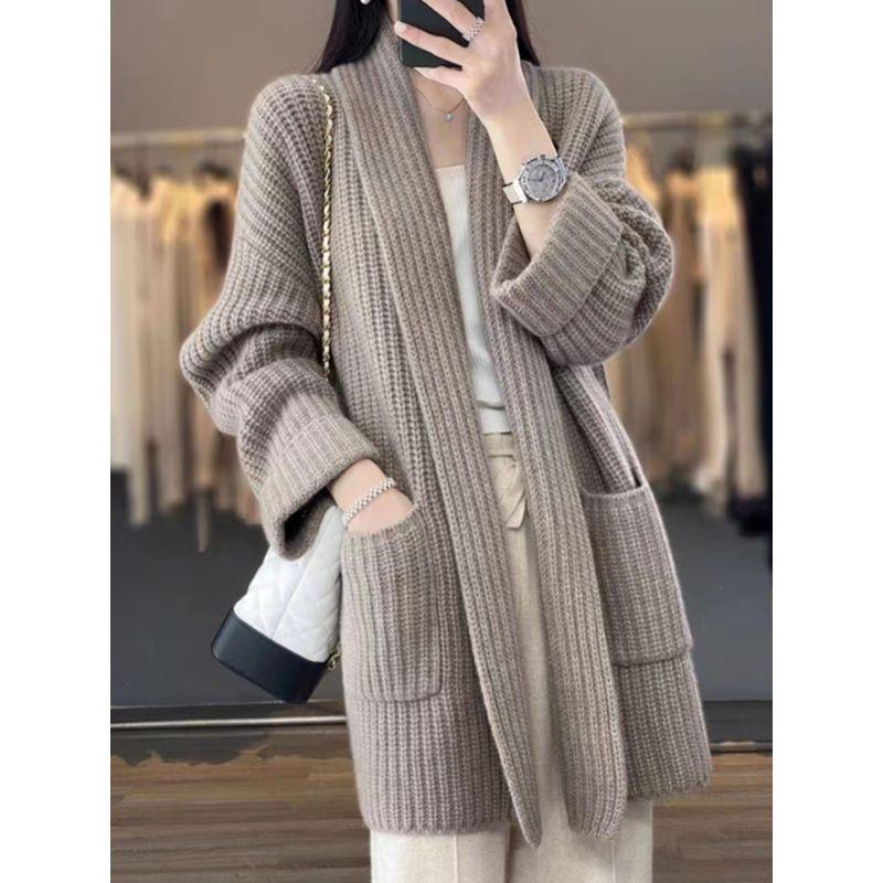K-style Autumn and Winter Lazy Style Fashion Loose Temperament Mid Length Long Length Casual Knitting Cardigan Sweater Outwear Sweater