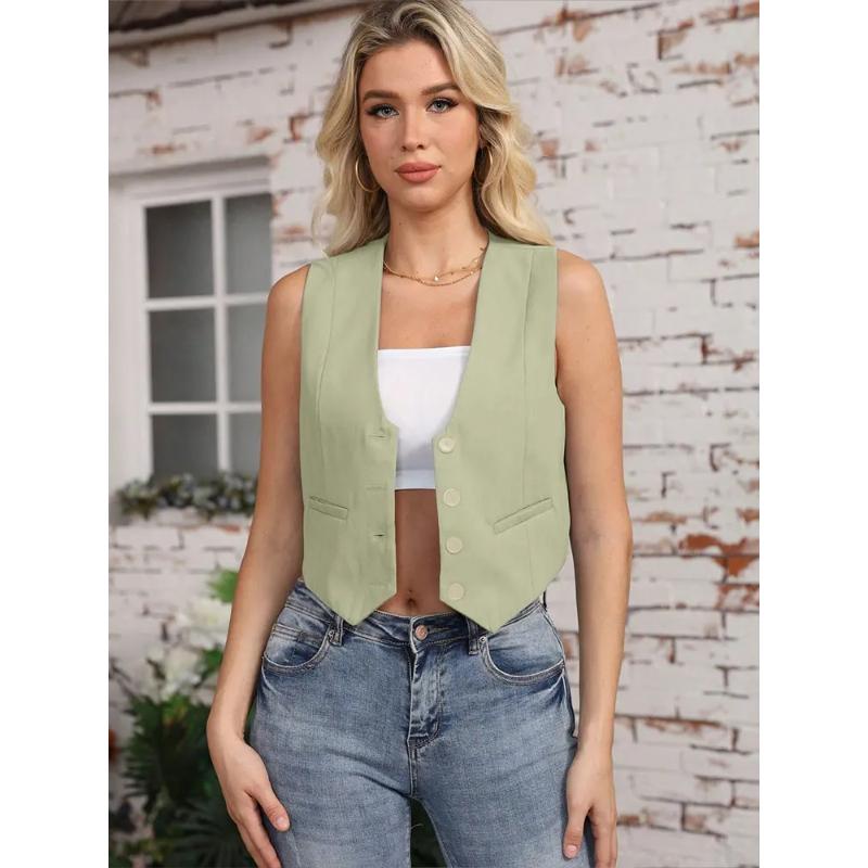 Spring Summer Vest for Women Elegant Fashion V-Neck Sleeveless Short Waistcoat Tops Single-Breasted Slim Vest Y2K Streetwear