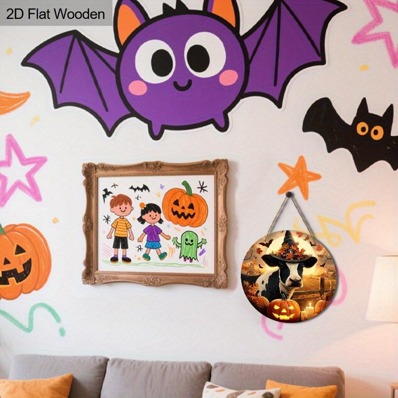 Wooden Halloween Sign with Cow & Pumpkin Pattern - Unique Figurine Ornaments - Ideal for Front Door, Farm, Porch Decor
