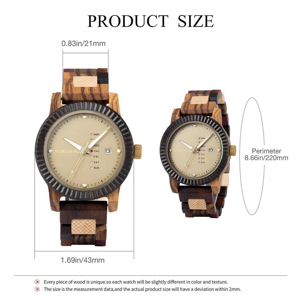BOBO BIRD Wooden Watch Analog Quartz Day Calendar Display Lightweight Handmade Wooden Wristwatch Men's Men's (Beige)