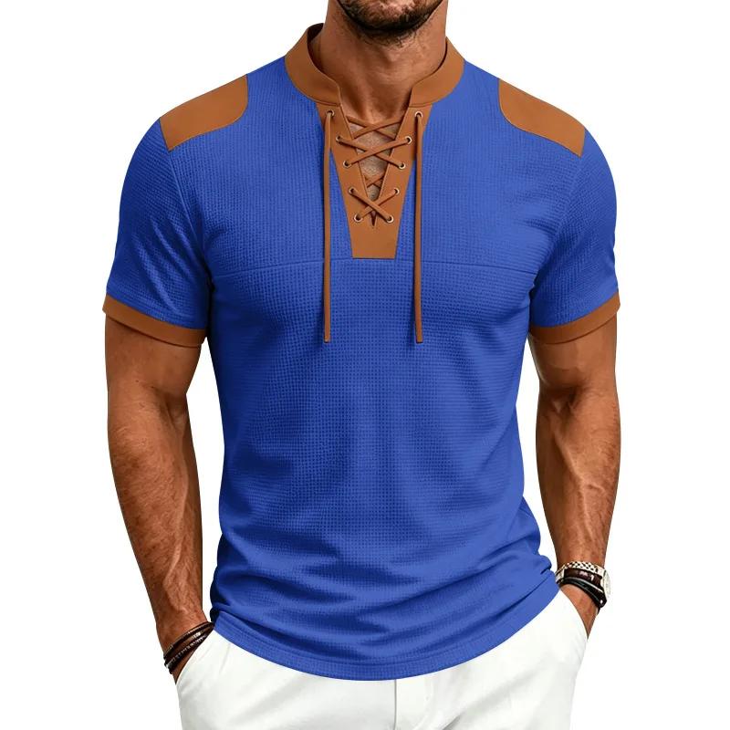 Summer Vintage Style Casual T-Shirts Men Patchwork Drawstring Loose Male Tshirt Short Sleeve Fashion Pull On Tees Streetwear