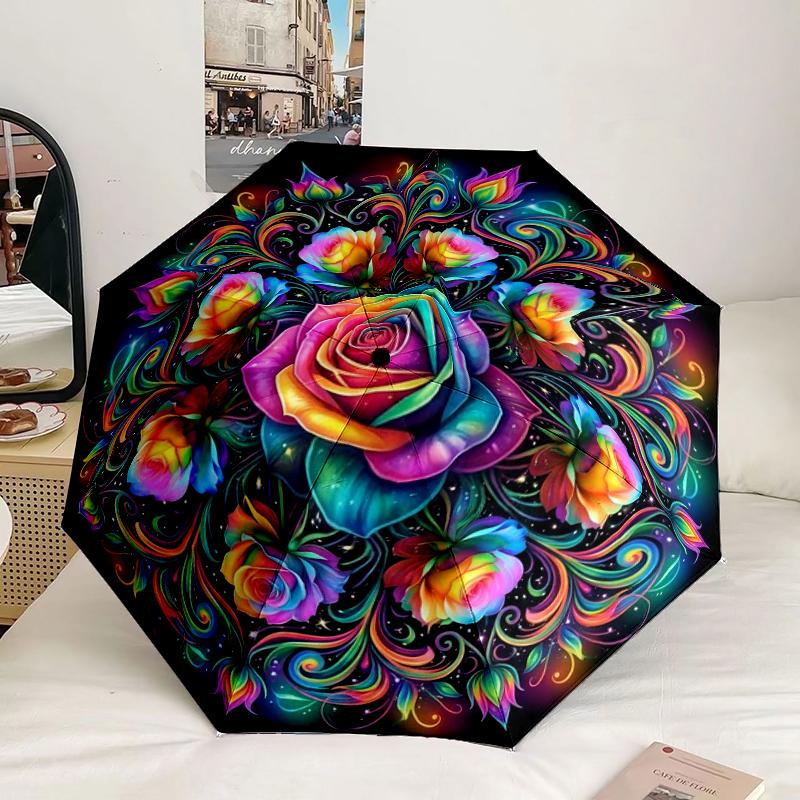 Blue Rose Mandala Umbrella 8-Frame for Travel, camping, Casual Lightweight Portable Umbrella, Essential for every family Holidays Gift