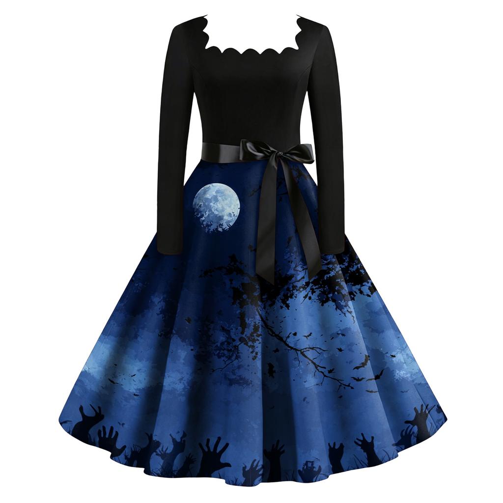 Women Vintage Long Sleeve Square Neck Halloween Print Party Dress Retro Style Full Skirt with Waist Tie Belt
