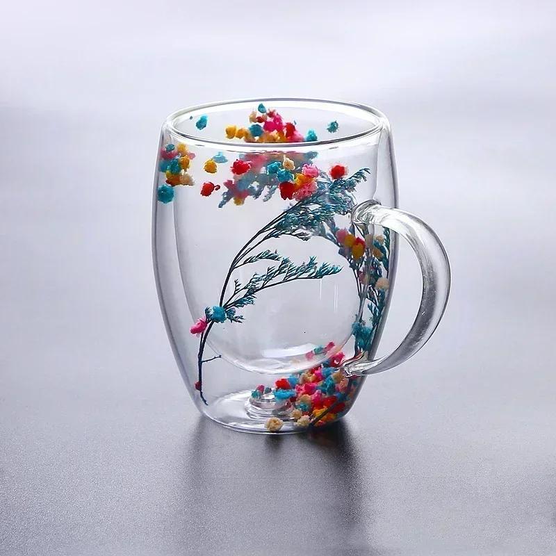 350ml Double Wall Glass Coffee Mug with Handles Clear Milk Cups Gifts Glass Cup Fill Artificial Simulation Flowers Teacup Gift