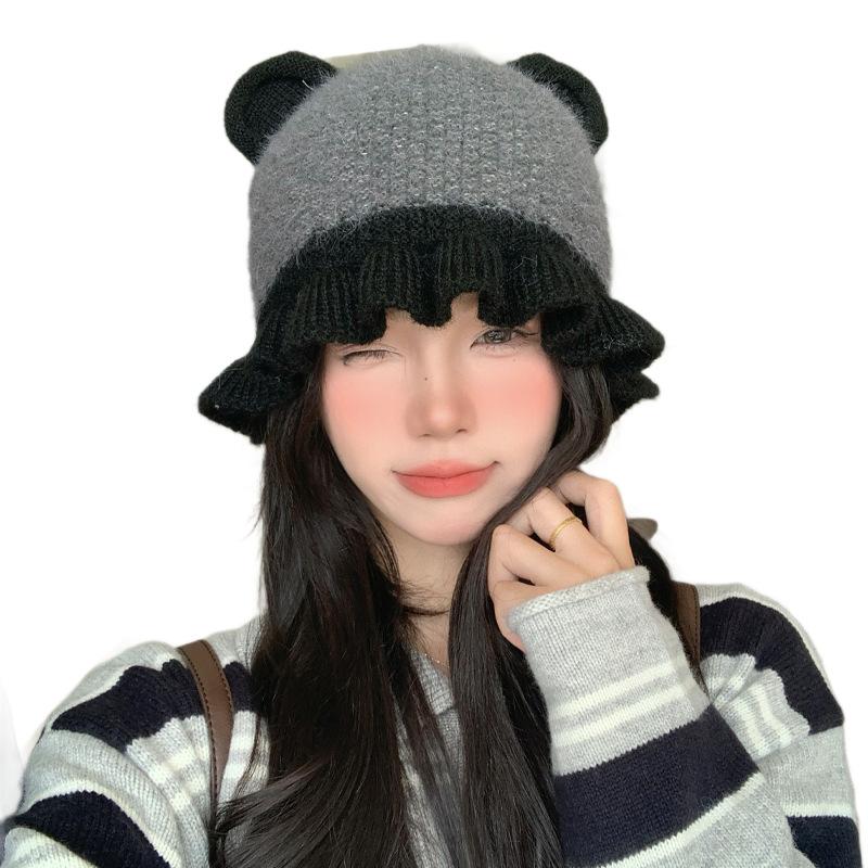 Korean Style Cute Bear Ears Color Blocked Lace Plus Velvet Knitted Beanie Autumn and Winter Hat for Women Fashionable and Versatile