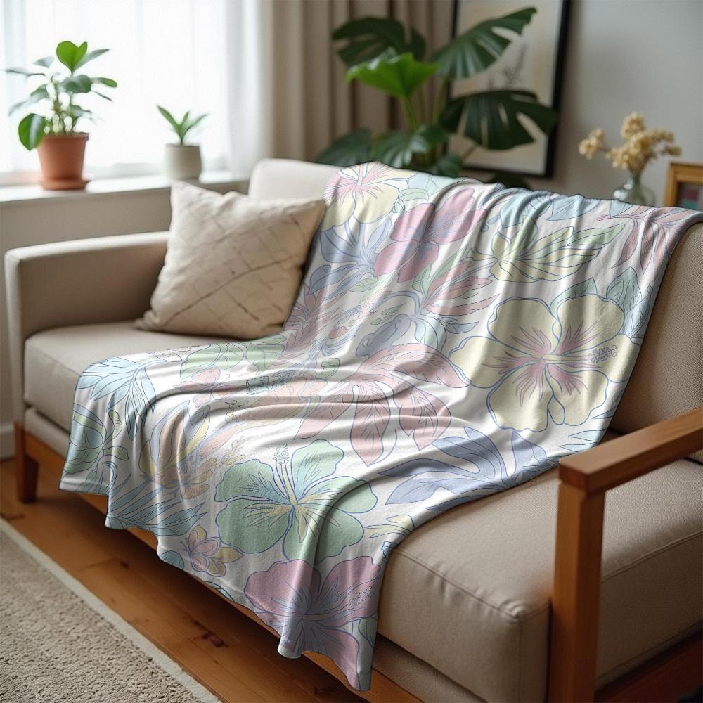 Pastel Tropical Hibiscus Floral Cartoon Anime Print Flannel Blanket Soft Warm Throw for Kids Bedroom Sofa Christmas Office Car