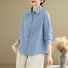 Women's Turn Down Collar Long Sleeve Shirt Loose Fit Vintage Stripe Cotton Linen Casual Blouse