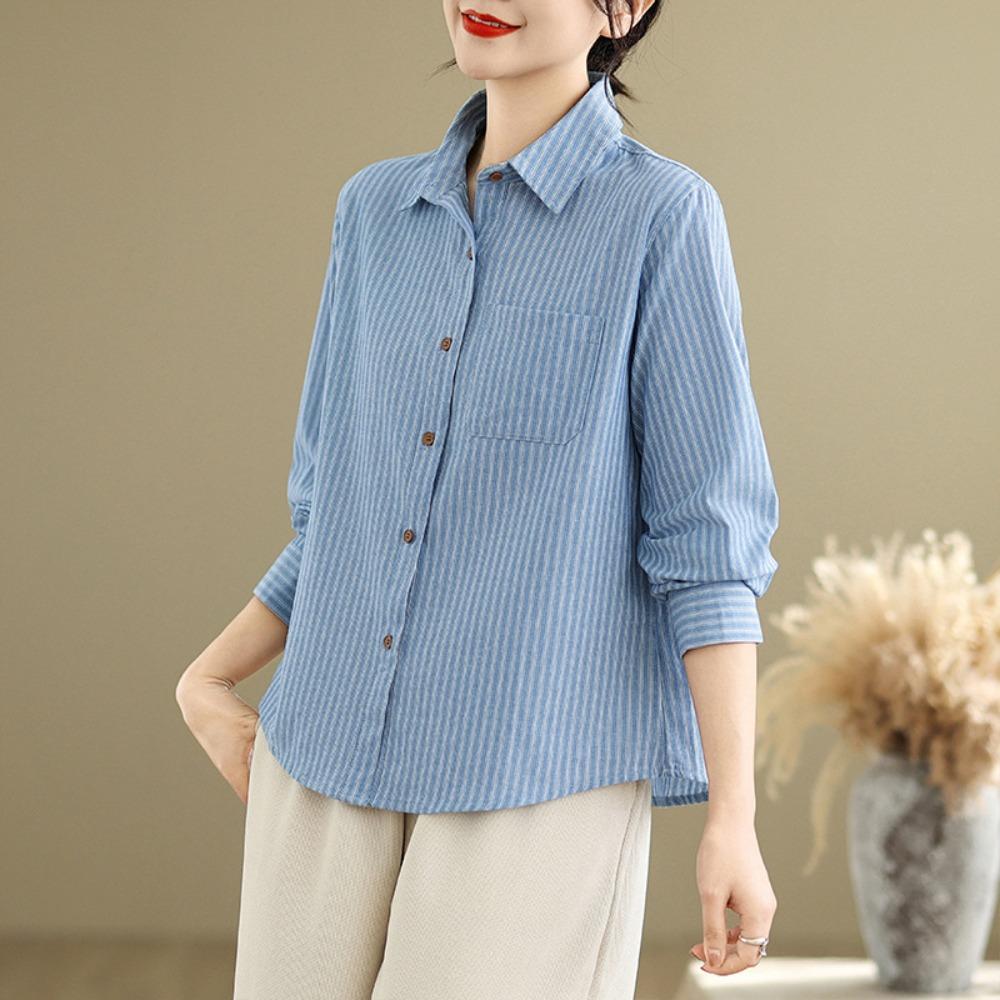 Women's Turn Down Collar Long Sleeve Shirt Loose Fit Vintage Stripe Cotton Linen Casual Blouse