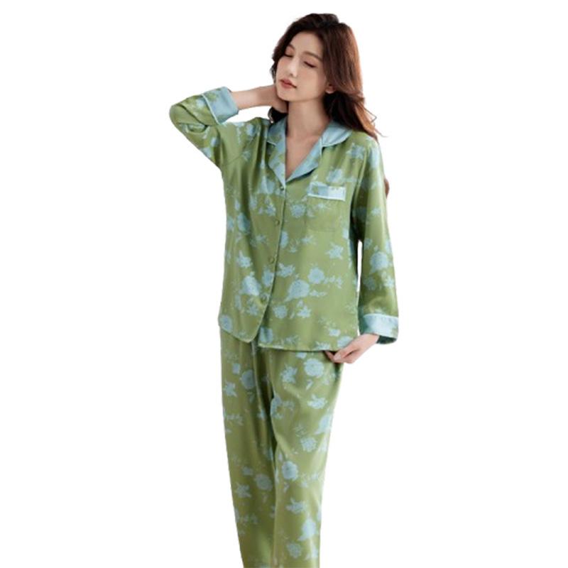 Spring new ice silk pajamas women's new Chinese thin long-sleeved jacquard national style cardigan loungewear set can be worn outside