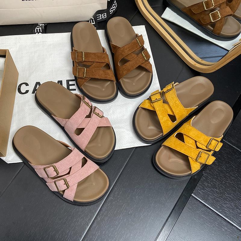2025 Summer Open Toe Women Flats Slippers Shoes Fashion Cross Buckle Outdoor Beach Vacation Ladies Slides