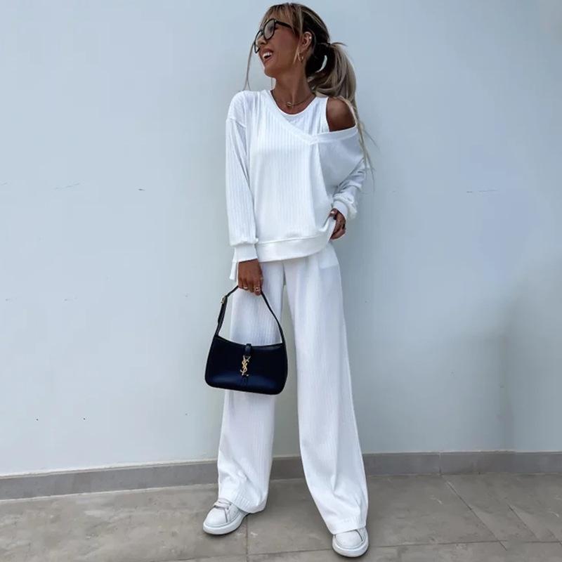 2026 New Women's Solid Color V-Neck Long Sleeve Vest Top with Casual Pants 3-Piece Outfit Set