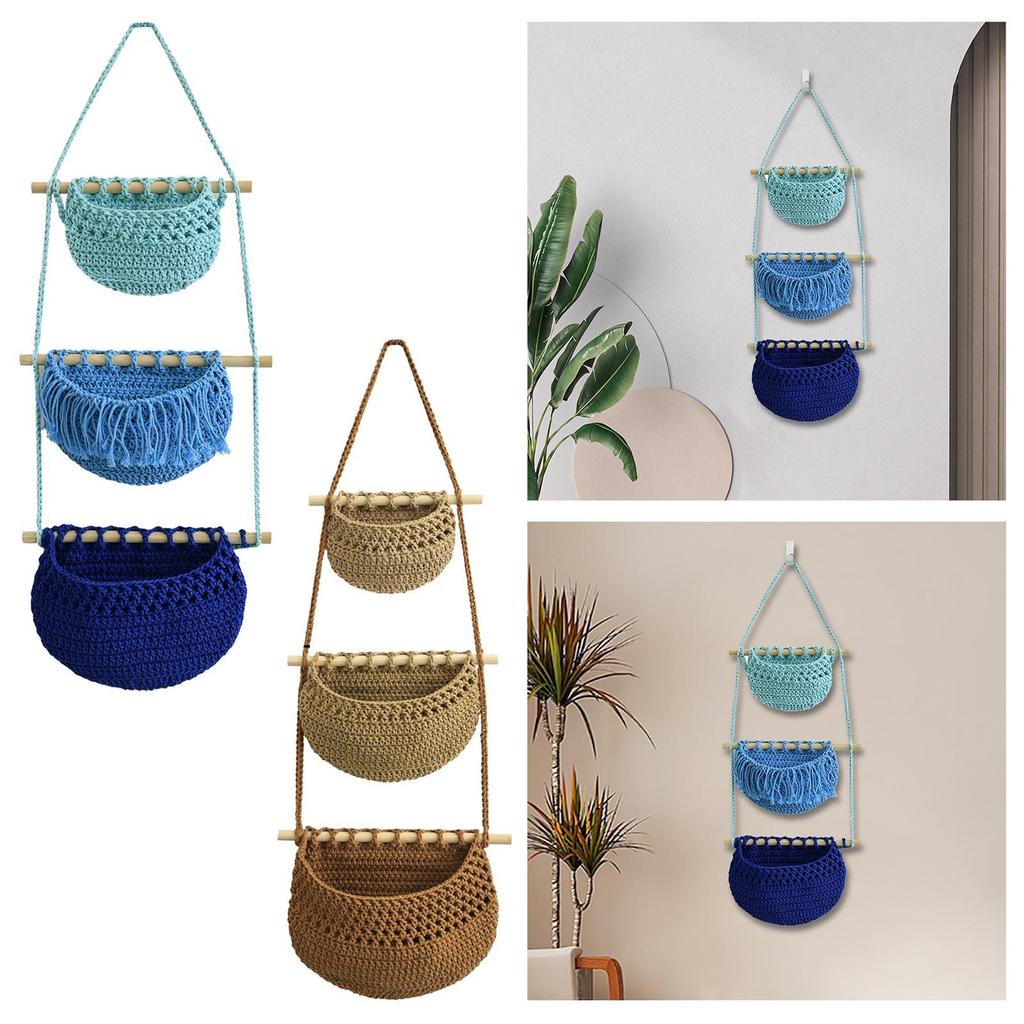 Macrame Hanging Basket Indoor Plant Holder Cotton Rope Wall Hanging Net Pockets for Organizing Garlic Vegetables Onion Kitchen