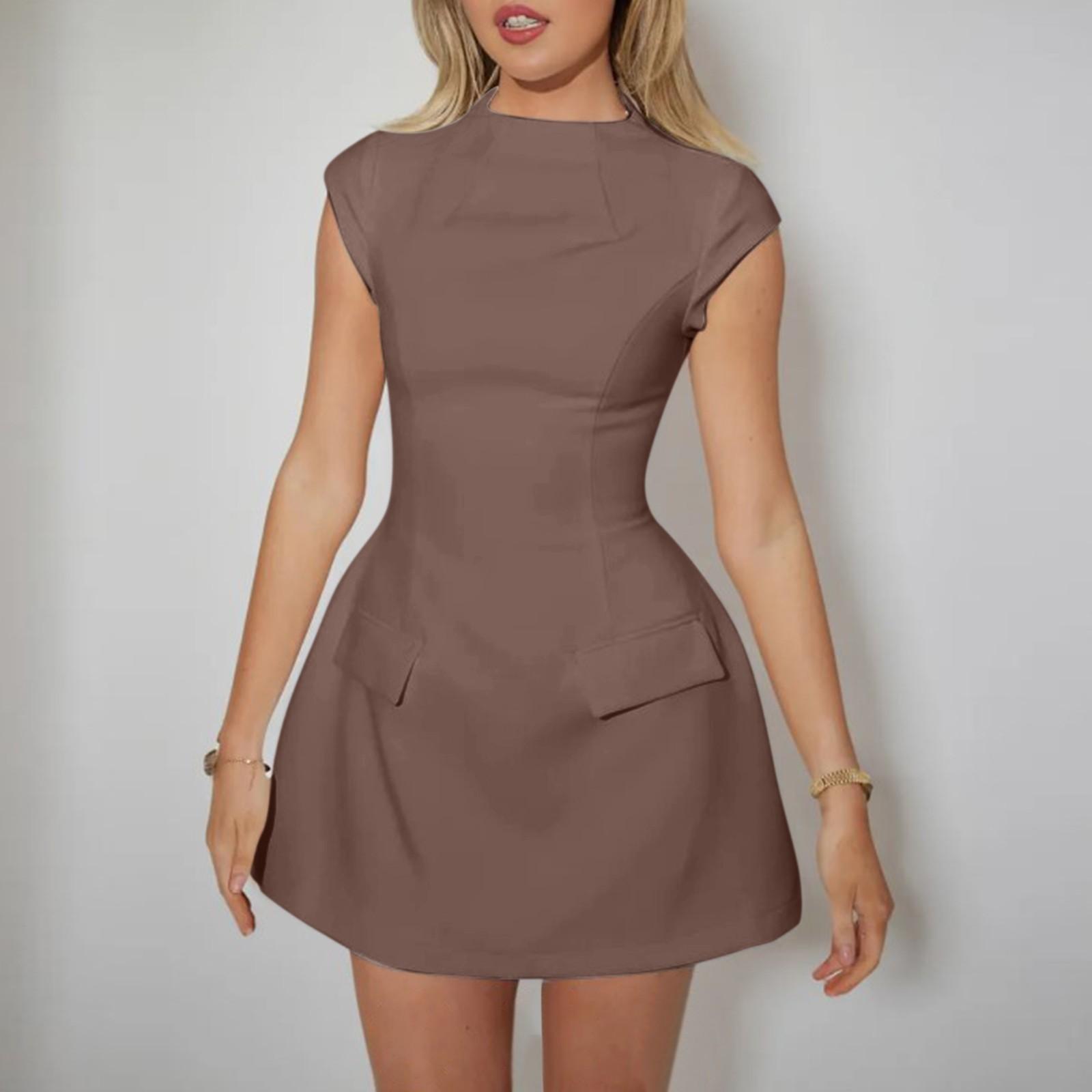 

Women s Fashion Short Sleeve Sexy Waist Wrap Zipper Fake Pocket Top M кофейный