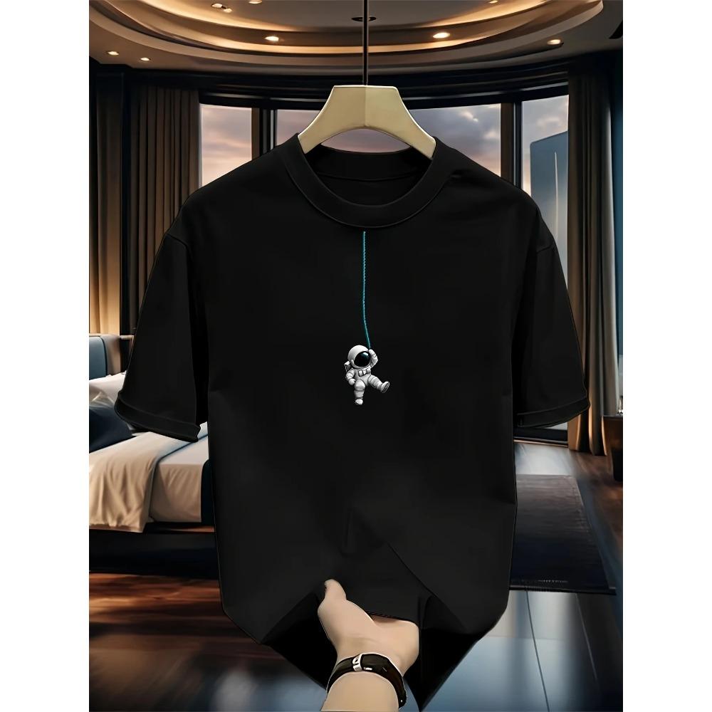 

Cute Swinging Astronaut Men s T-shirt Space Pattern Extra Large Polyester 100% Short Sleeve Top Summer Street Wear S чёрный