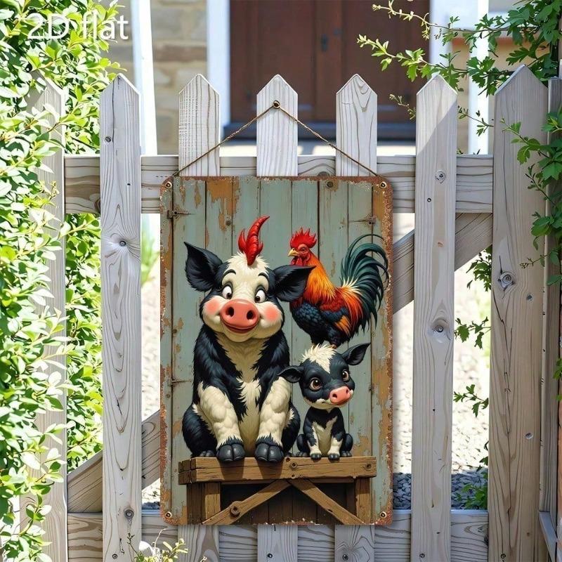 Farm Animal Metal Wall Art 2D Flat Tin Wall Plaque Decor, 8x12 Inch Cartoon Painting for Living Room Bedroom, Outdoor Indoor Hom