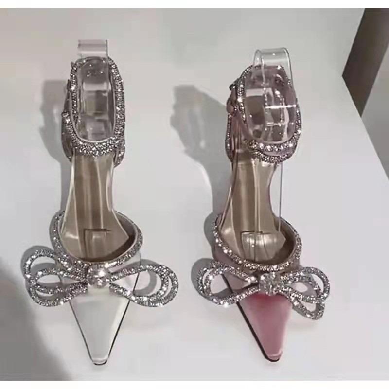 Fashion Crystal Stiletto Sandals Summer New Pointy Head Shallow Mouth Riveted Butterfly Knot Line Strap Non-slip High Heels
