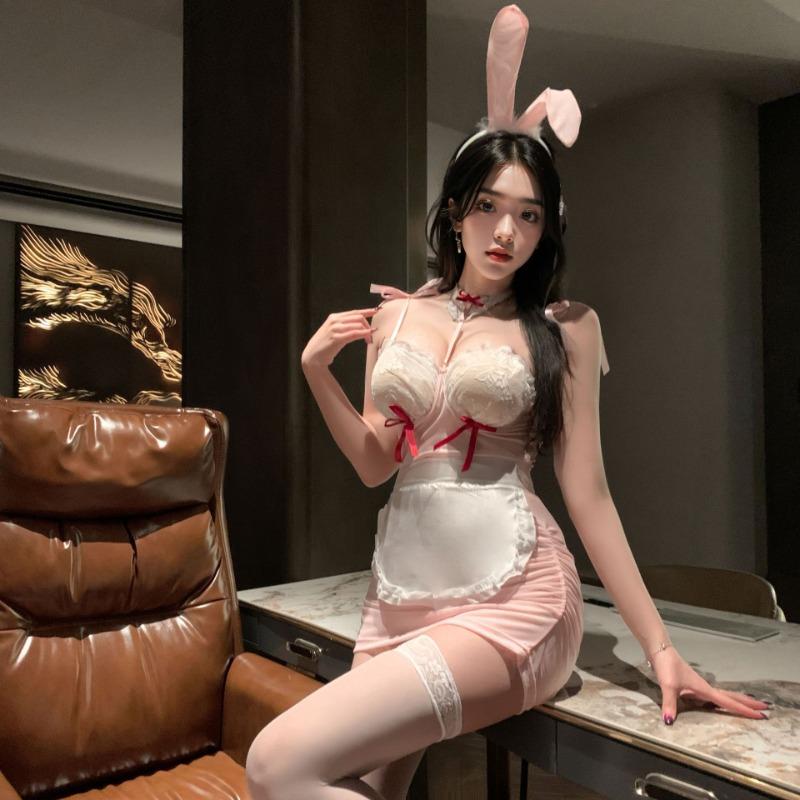 Ladies' Sexy Lingerie Sexy New Cute Bow Perspective Mesh Hollow Rabbit Girl Set Christmas Role-playing Uniform Temptation