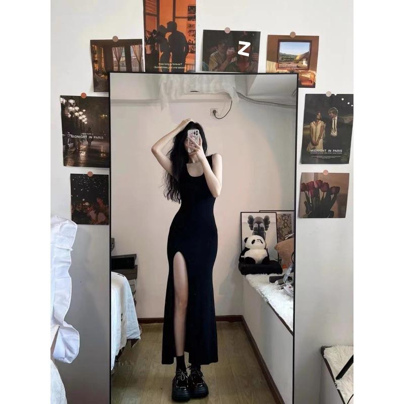 Summer new female Spice Girl hip wrap tight dress black long dress sexy slim fit