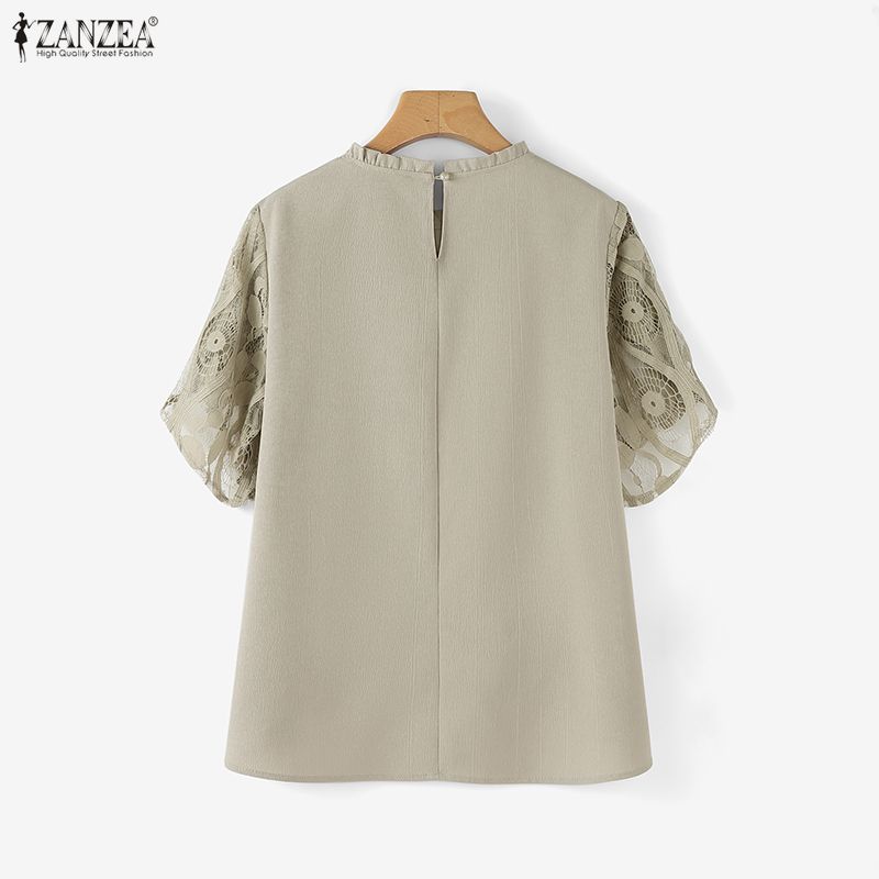 ZANZEA Women Casual Round Neck Loose Splice Short Sleeve Blouse