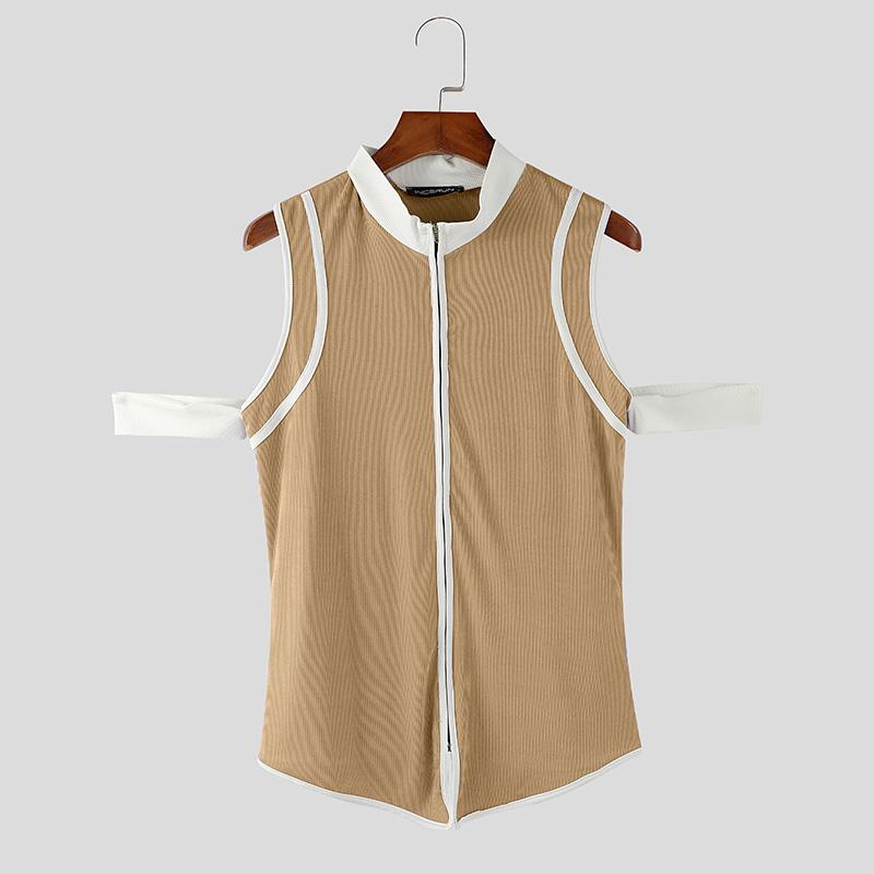 INCERUN Summer Men Cutout Sleeveless Stitching Zipper Up Casual Tank Tops T-shirts