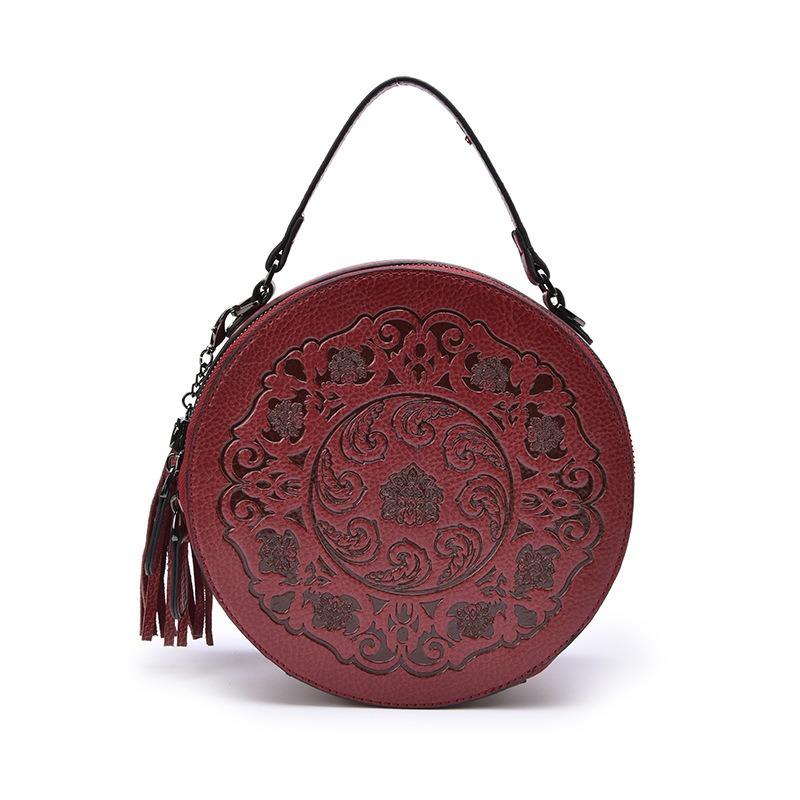 Crossbody Bag Round Bag Genuine Leather National Style Women's Bag Artistic Style Retro Handbag Bag Woman