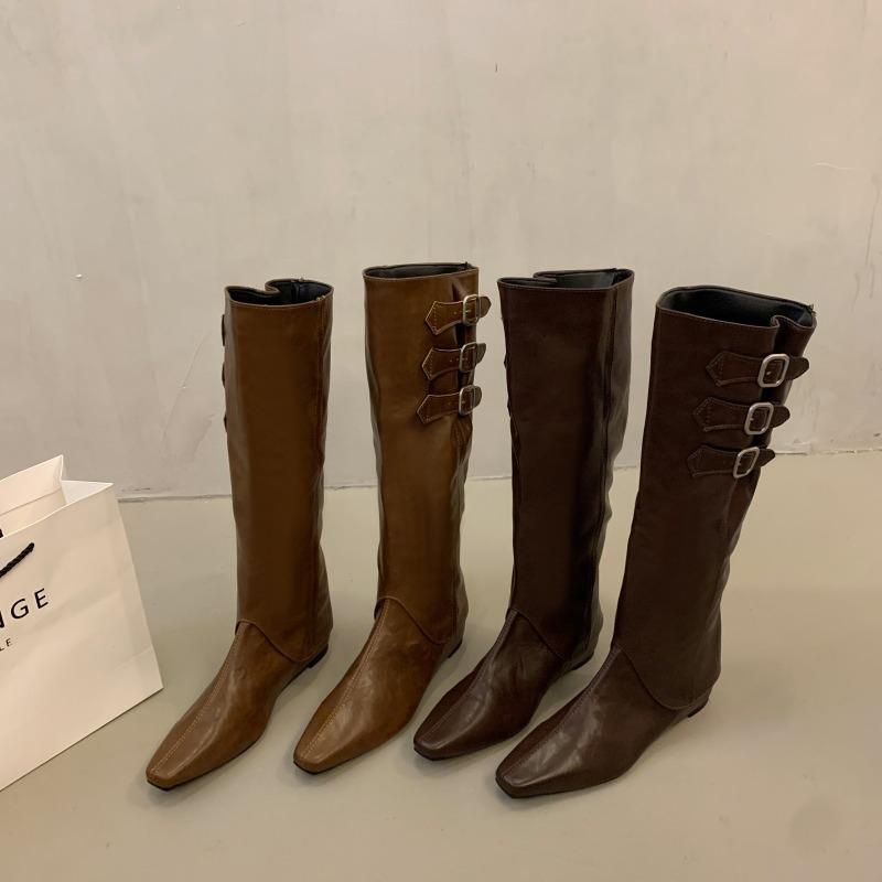 Autumn boots women's summer new pointed thick heel stack boots retro knight boots fashion belt buckle mid boots