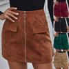 Women Fashion Color Zip Skirt Corduroy Short A-line Skirt