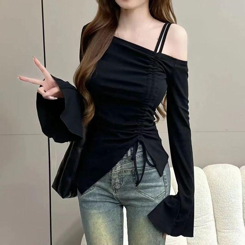 

Pure Desire Wind Strapless Asymmetrical Fashionable T-shirt Female 2025 Spring New Arrival Slim Fit Drawstring Slimming Bottoming Top Black M