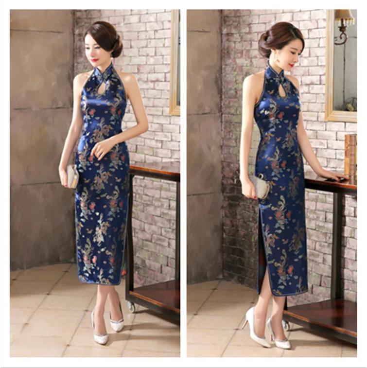 Sexy Backless Sleeveless Cheongsam Female Retro Classic Brocade Chinese Qipao Dress Plus Size Dragon and Phoenix Vestidos