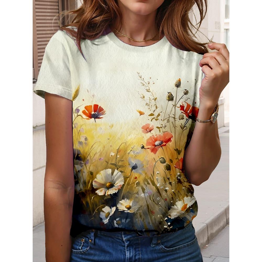 Damen Schöne T-Shirts mit Blumendruck Kurzarm T-Shirts Oberteile 3D-Drucke O-Ausschnitt Shirt Sommer Freizeit Damenbekleidung