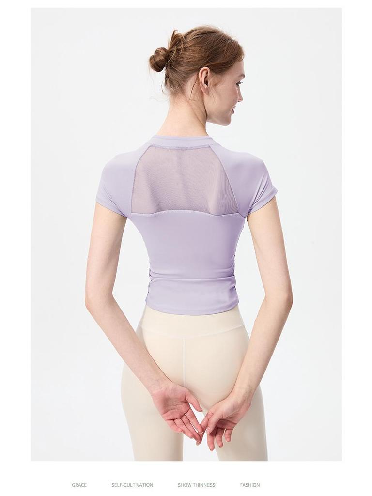 Chinese Style Quick-Dry Yoga Top: Short Sleeve, Side Ruched, Slim-Fit with Chest Pad for Fitness