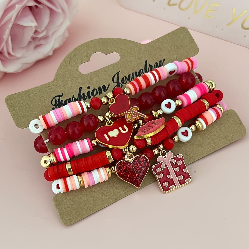 5pcs Valentine's Day Soft Clay Bead & Heart Charm Bracelets - Elastic Stretch Beads, Love Token Gift for Couples,Year-Round Wear