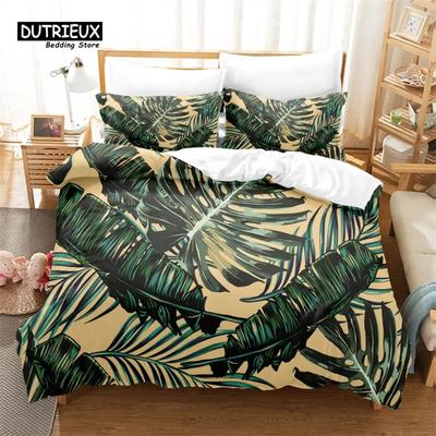 Tropical Green Plant Duvet Cover Set, Fashion Bedding Set, Soft Comfortable Breathable Duvet Cover, For Bedroom Guest Room Decor