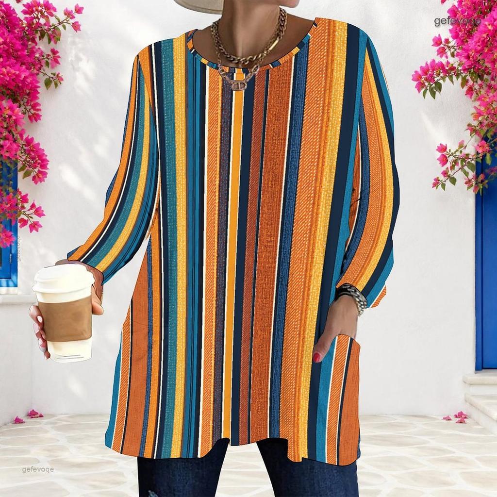 Women Plus Size White Polka Dot Printed Round Neck Long Sleeve Loose Longline T Shirt With Pockets