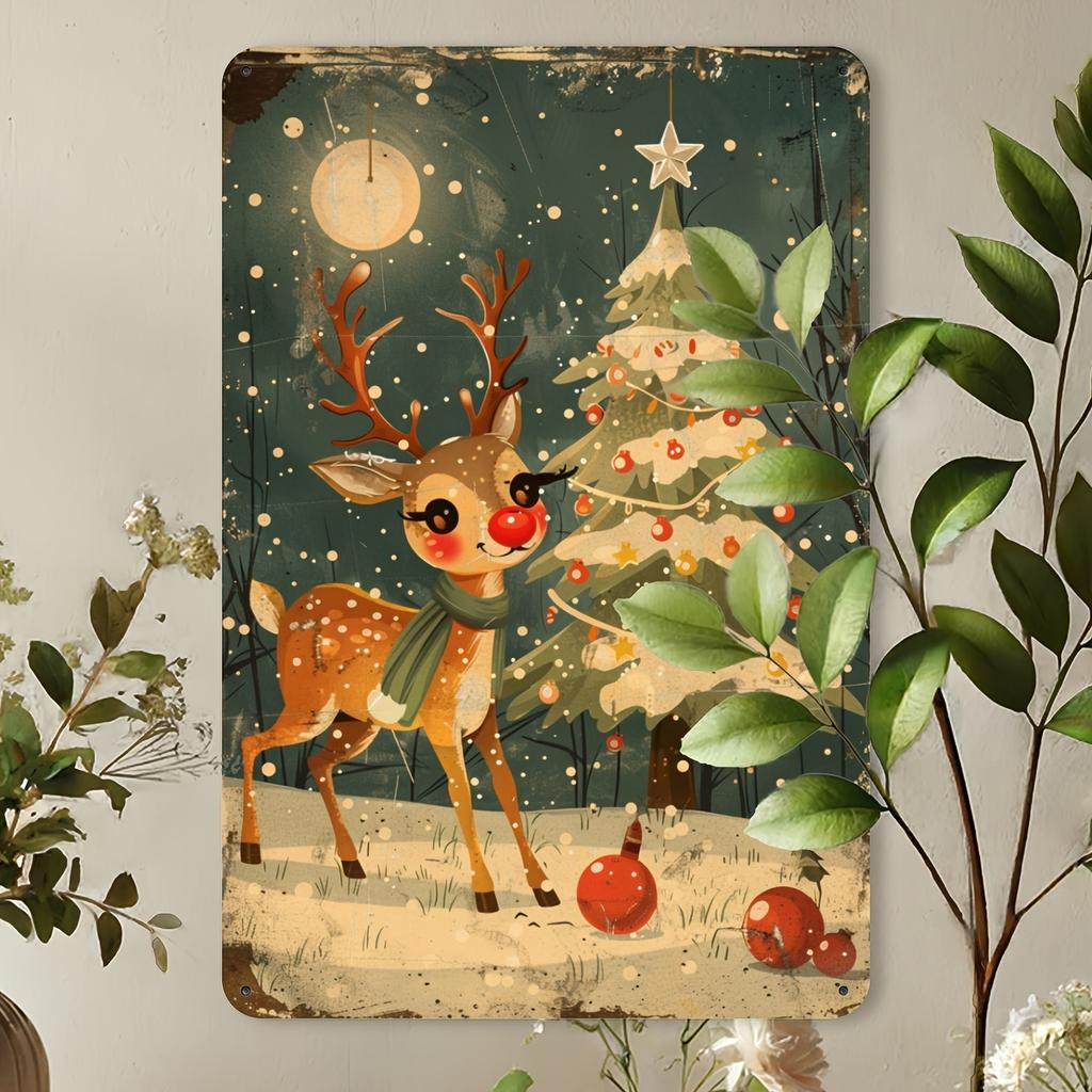 Fawn Vintage Metal Tin Sign, Christmas Indoor Outdoor Decoration Hanging Tin Painting, Wall Room Residential Bedroom Office