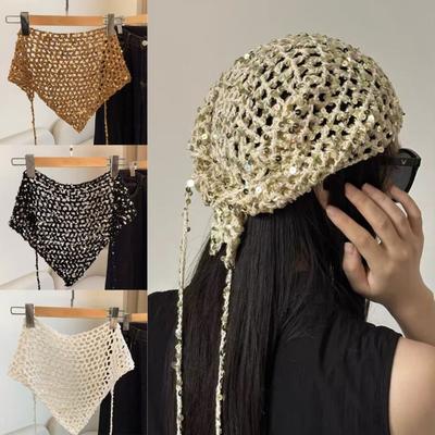 Trendy Sequined Headscarf Headband Hollow Versatile Knitted Triangle Scarf Y2K Ins Style Beanies Headband Photo Atmosphere