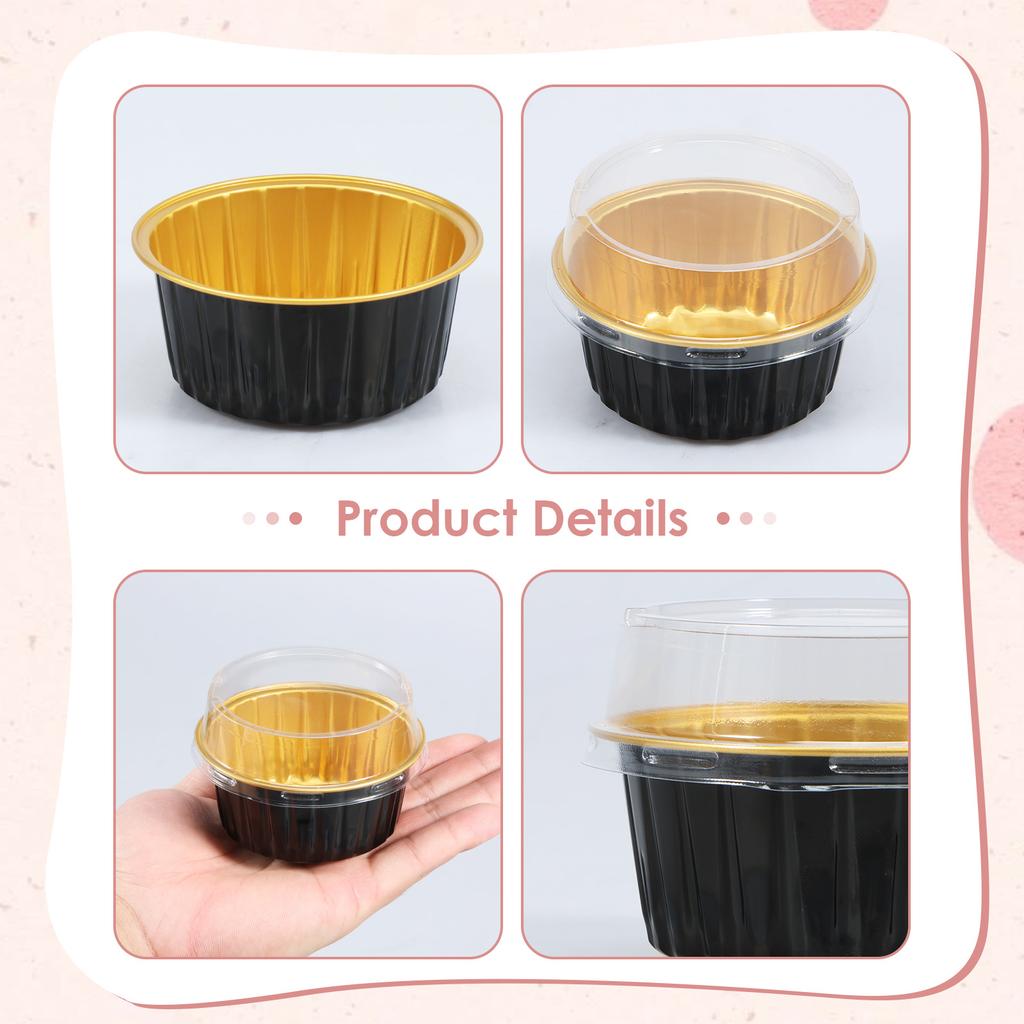 50Pcs 5oz Mini Baking Cups Aluminium Foil Cake Pans with Lids Spoons Heat Resistant Cupcake Muffin Liners for Gatherings Parties