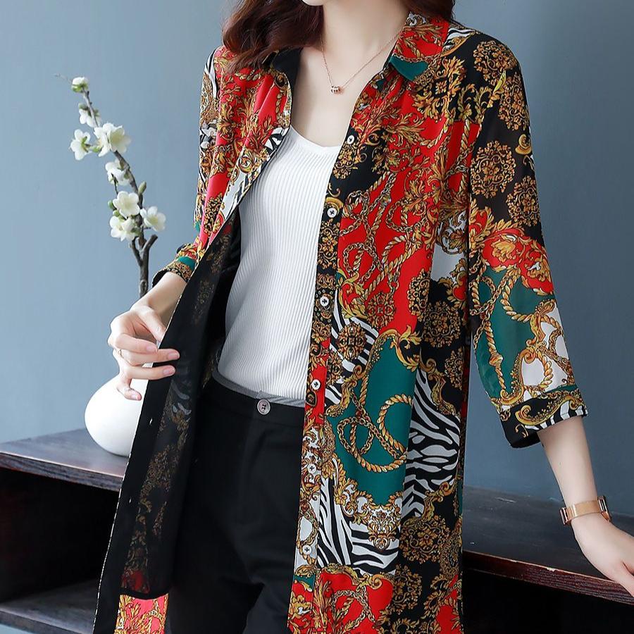 Large Size Shirt Women's Mid Length Chiffon Floral Shirt Summer Sun Protection Shirt T-shirt