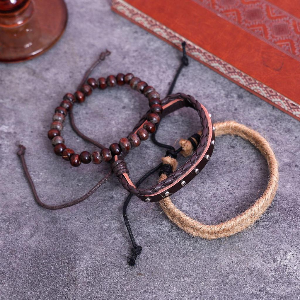 Trendy Men's Retro Woven Cowhide Bracelet Set - Handmade Jewelry