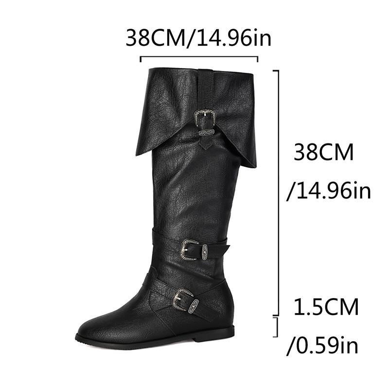 Women's Flat Boots Autumn and Winter New Solid Color Belt Buckle Decorative Large Size Roman Medium Boots