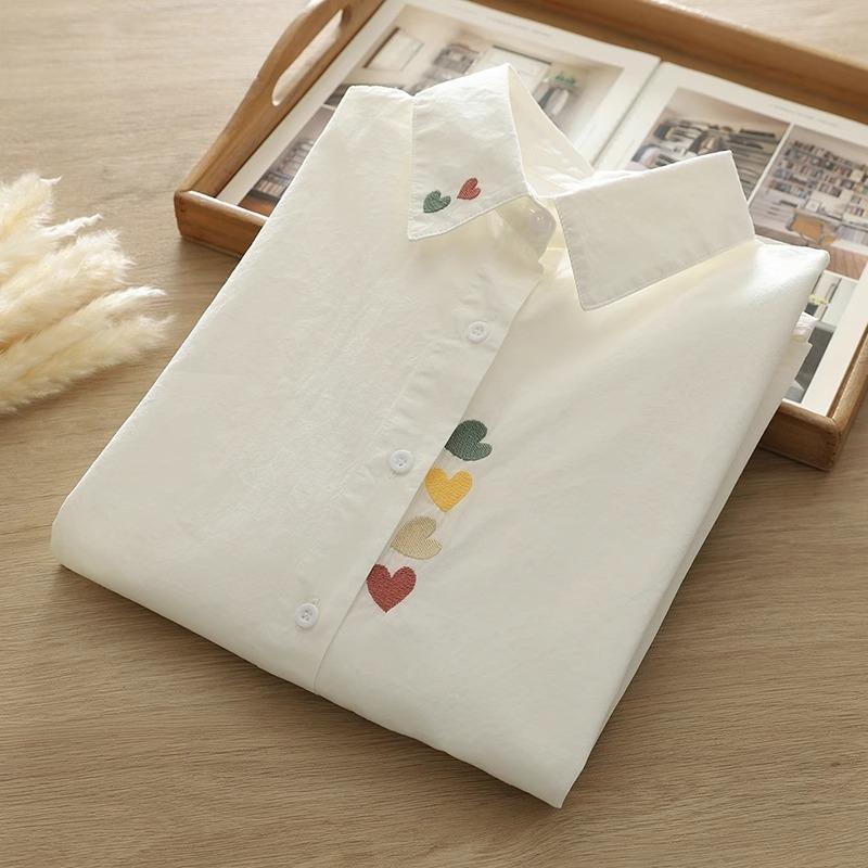 Spring Autumn White Shirts Women Turn Down Collar Embroidered Long Sleeve Casual Little Blue Flower