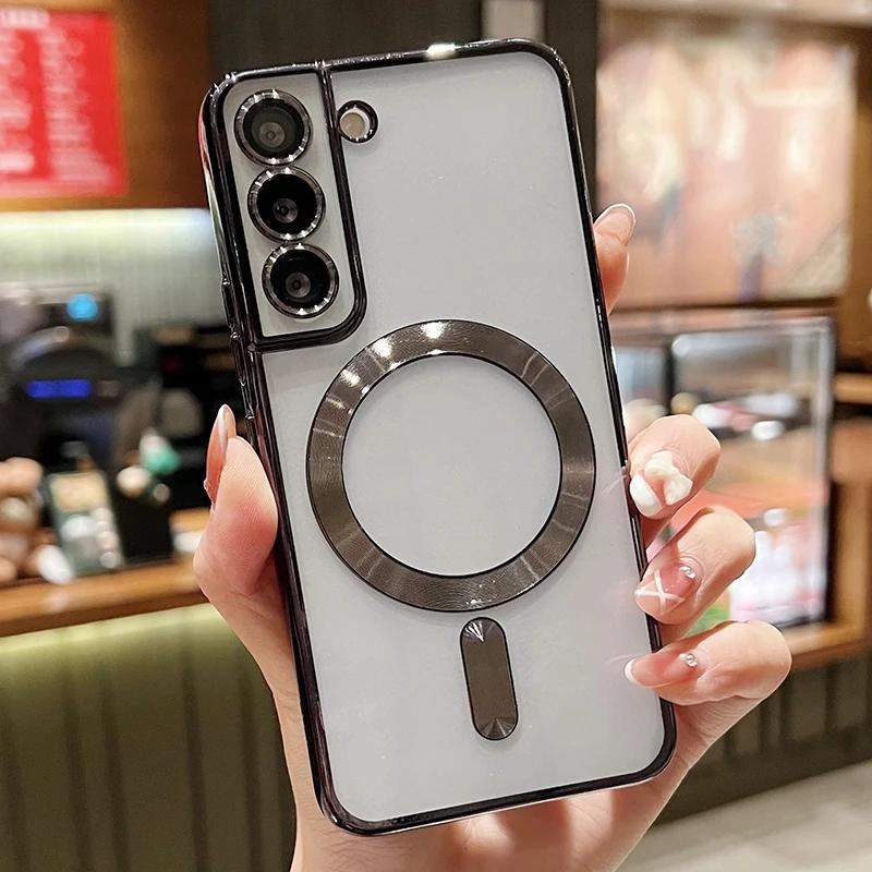 Plating For MagSafe Magnetic Case For Samsung Galaxy S20 S21 S22 S23 S24 Ultra Plus Case Wireless Charge Silicone Cover