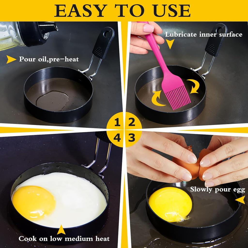 Caltucus Core® Egg Ring Mold, Stainless Steel with Silicone Handle, Nonstick, Black, 3.5 Inch