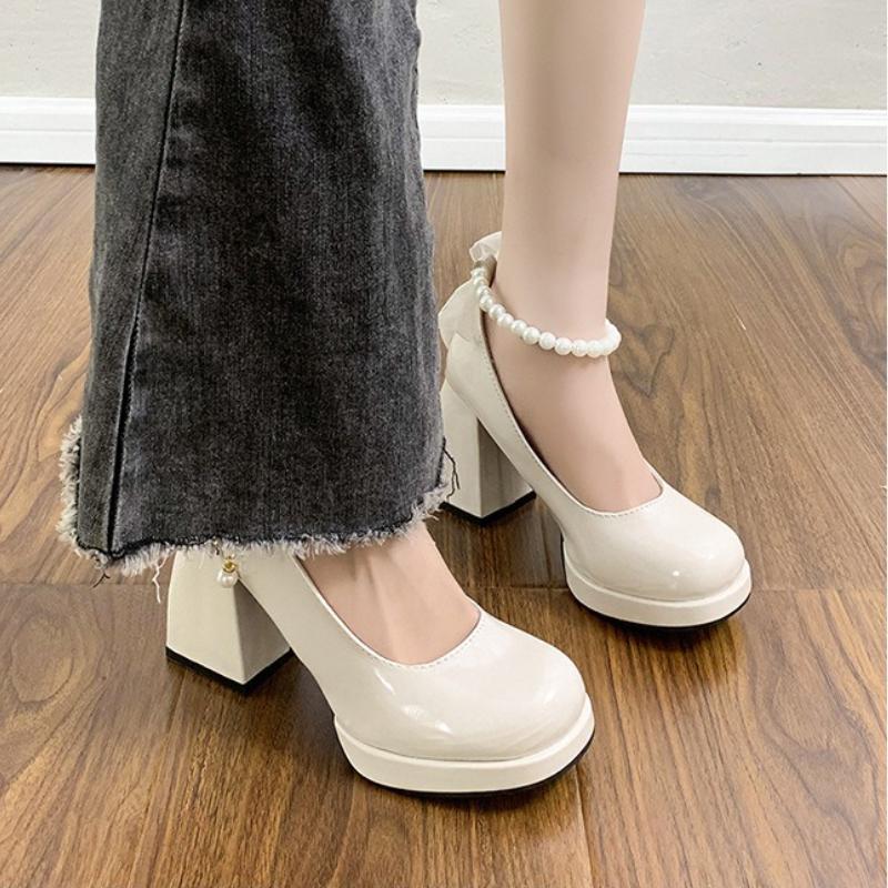 Luxury Women High Heels Elegant Bow Square Toe Women Mary Jane Shoes Pearl Lace Party Wedding Shoes Fashion Platform Women Pumps