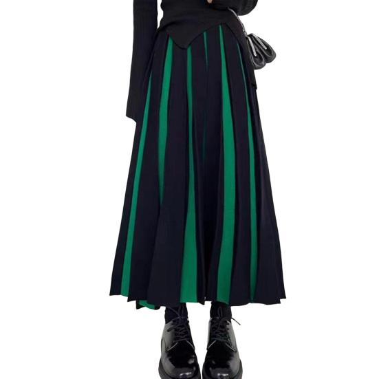 Women Midi Skirt High Waist Patchwork Color Pleated Skirt Autumn
