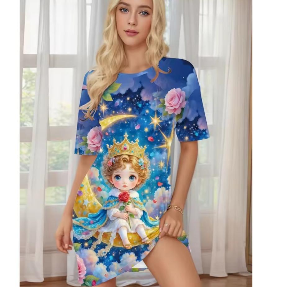 Fashion Summer Cute Dresses Women Elegant Short Sleeve 3D Print Loose Casual Round Neck Oversized Dress