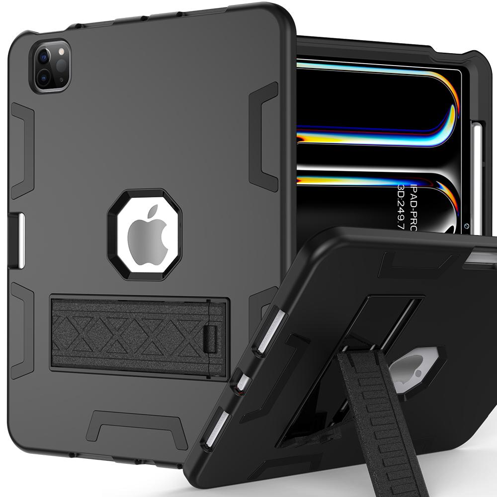 

For iPad Pro 11 (2024) Case Silicone+PC Kickstand Tablet Cover with Pencil Holder Black
