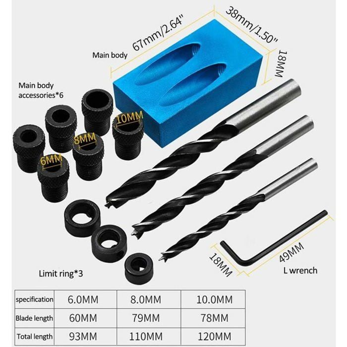 Kit de gabarit de trou de poche 14 pièces - Angle de localisation de poinon à 15° Outil de travail du bois Trou de vis Positi